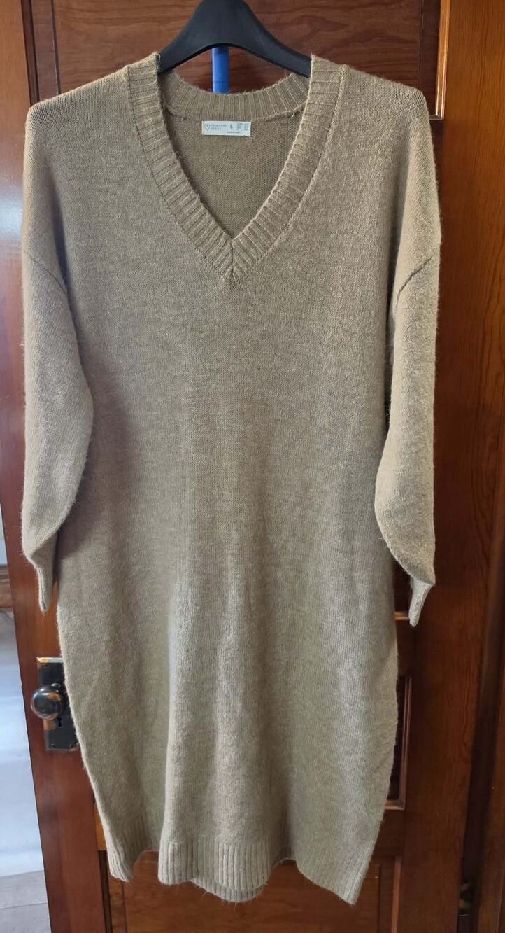 Primark Cares Women’s Oversized V Neck Sweater Dress SZ L Taupe Brown